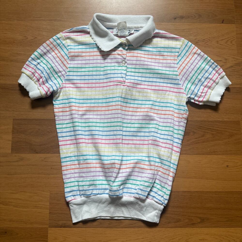 Women's Vintage 80's White Multicolor Pastel Striped Collared Polo Shirt Sz S